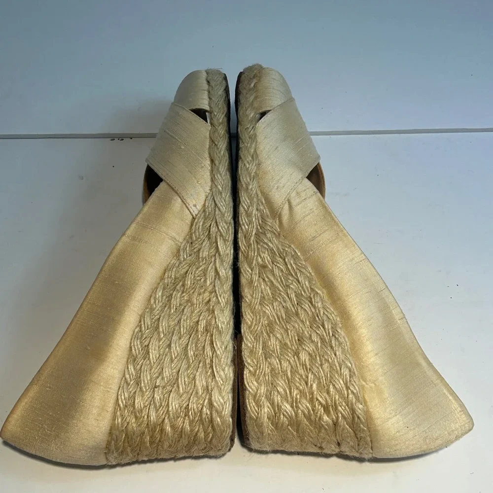 Lauren‎ Ralph Lauren Cecilia Parchment Shantung Espadrille Wedges Gold 9B Spain